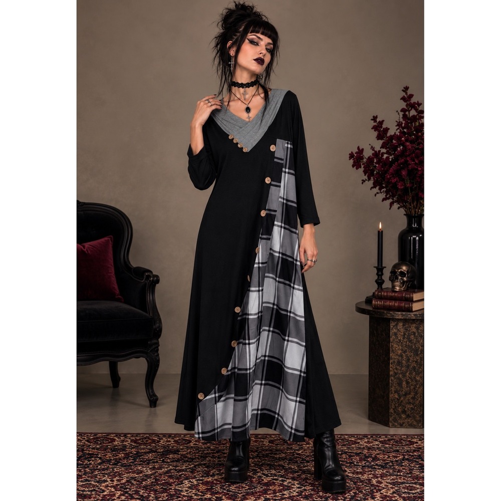 Just Fashion Now NWT Black Plaid Asymmetrical Maxi Dress Medium